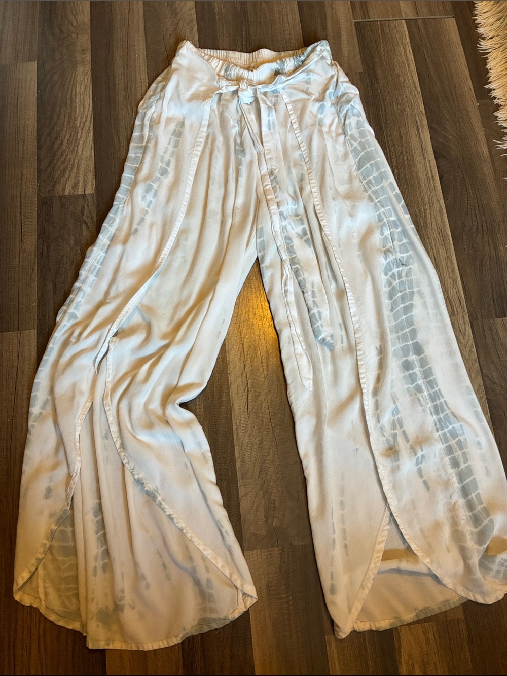 BOGO FREE-Tie-Dye Wide Leg Flowy Pants By Kiwi & Punch- White/Light Blue- Size S